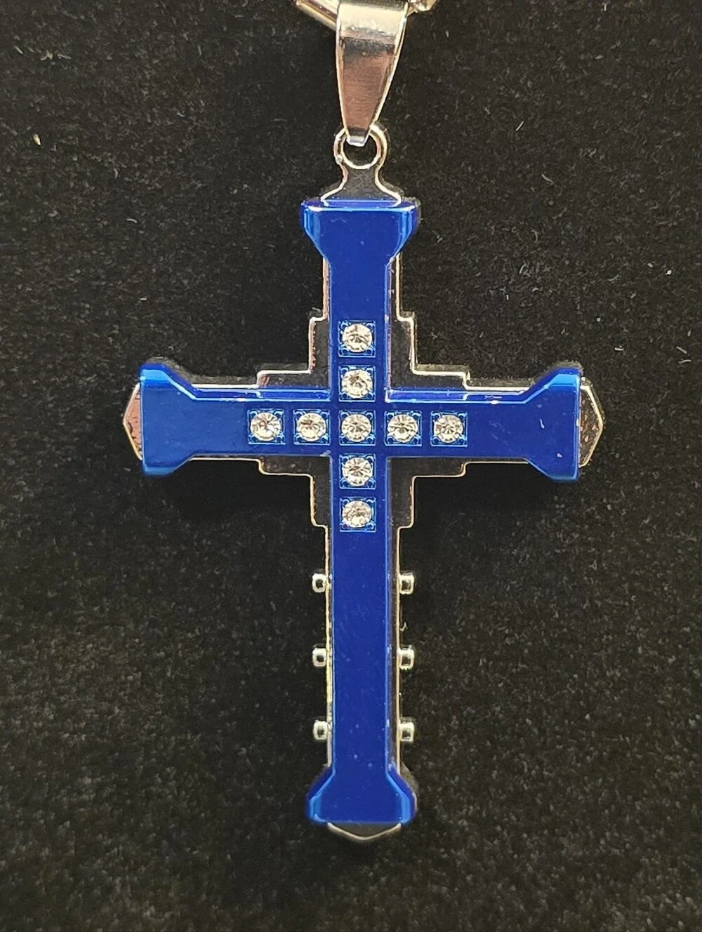 Blue Stainless Steel Cross Pendant Necklace Christian CZ Crystal Crucifix 24 In
